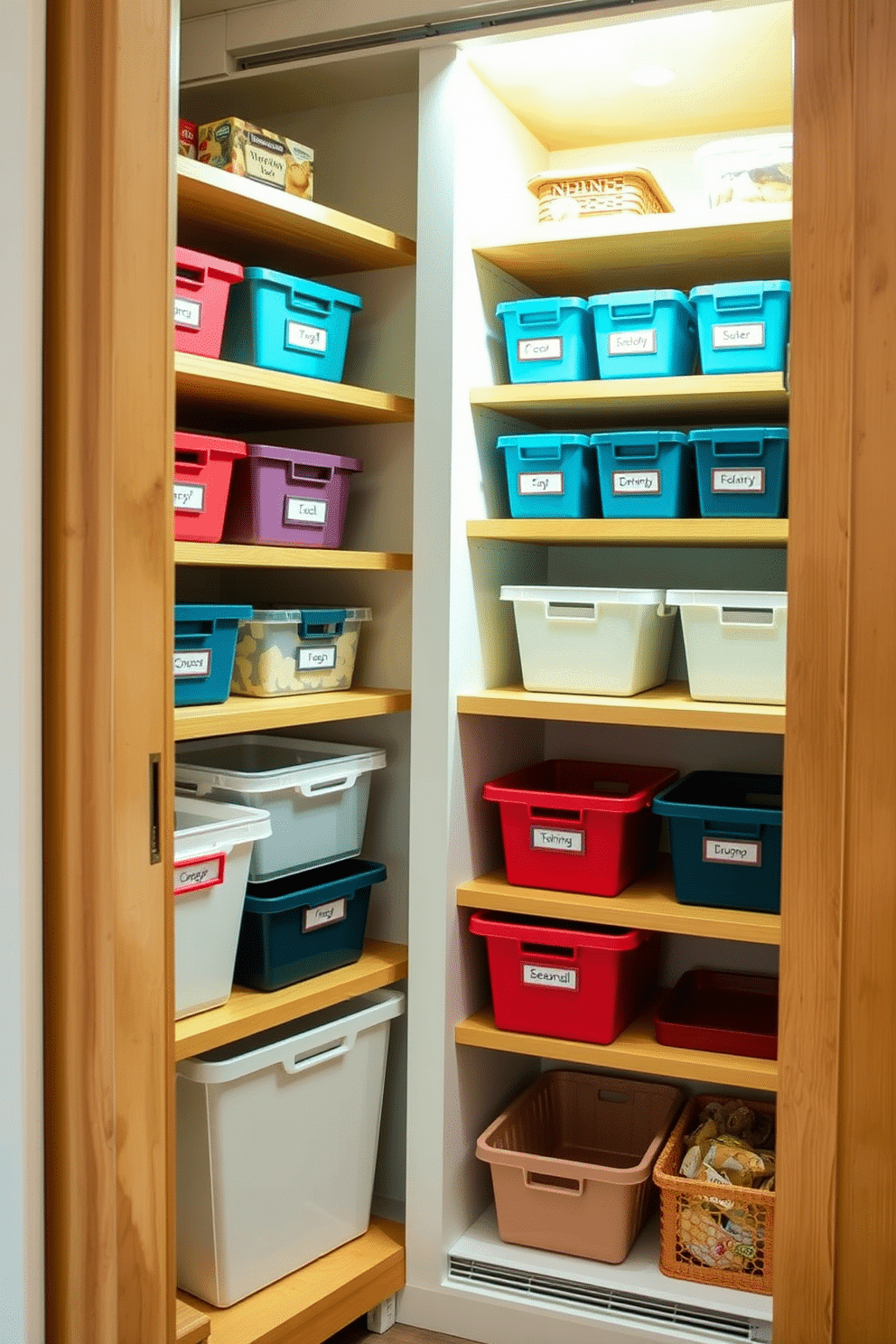 A stylish small pantry with seasonal storage bins neatly arranged on wooden shelves. The bins are labeled and come in various colors, enhancing the organization while complementing the warm, neutral tones of the cabinetry. The pantry features a compact design with pull-out drawers and a sliding door for easy access. Soft LED lighting illuminates the space, highlighting the neatly organized shelves and adding a cozy ambiance.