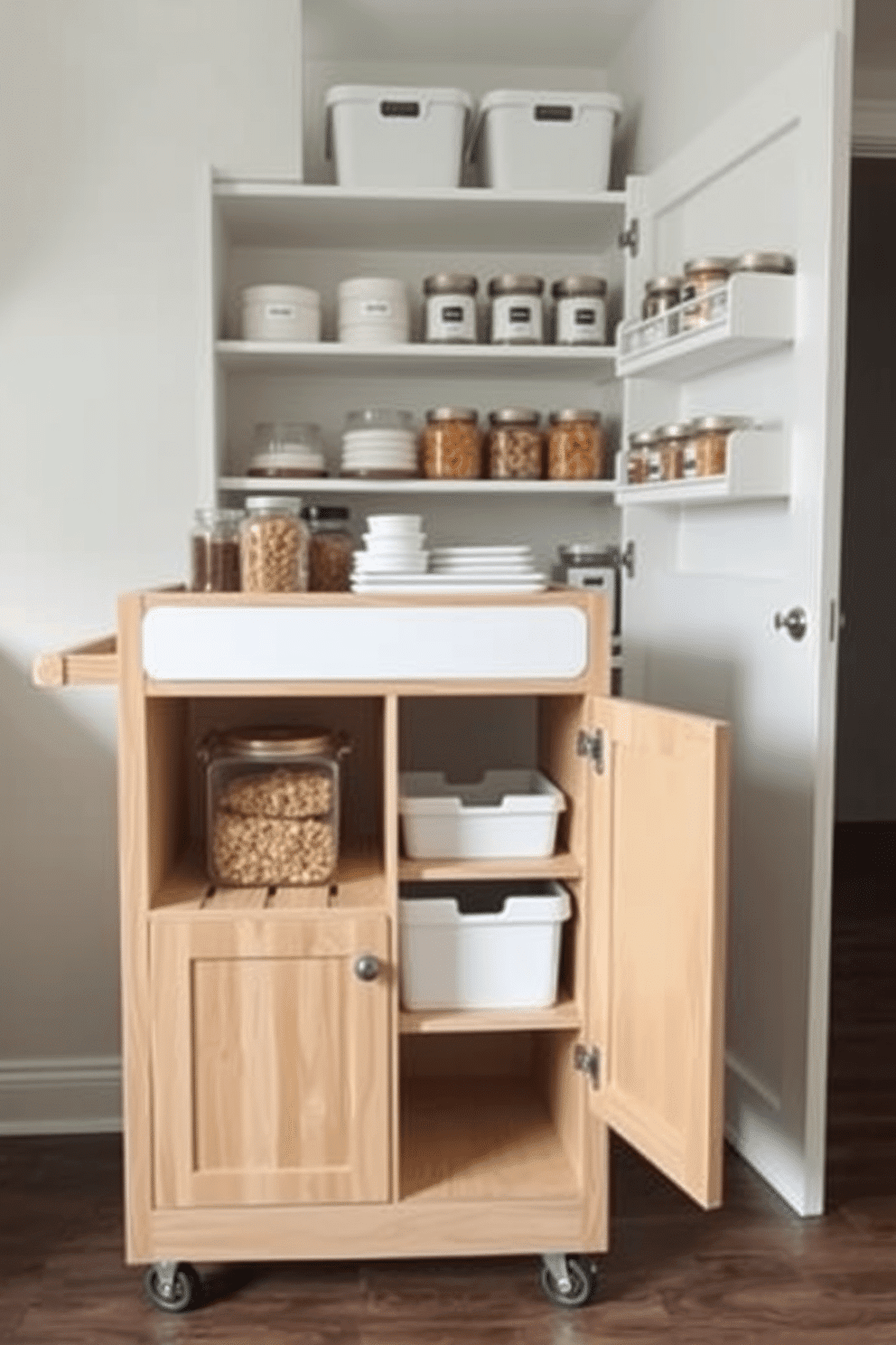 A portable pantry cart with a sleek, modern design, featuring a combination of open shelves and closed cabinets for ample storage. The cart is crafted from light wood with a natural finish, and it includes rolling wheels for easy mobility, allowing it to fit seamlessly into any kitchen space. For small pantry design ideas, envision a compact pantry with floor-to-ceiling shelving that maximizes vertical space. The shelves are painted in a soft white, creating an airy feel, while organized storage bins and labeled jars add a touch of charm and functionality.