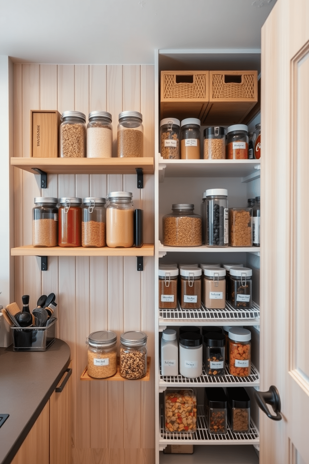 A serene kitchen space featuring bamboo organizers that enhance eco-friendly design. The organizers are neatly arranged on open shelves, showcasing an array of spices and dry goods in glass jars. A cozy small pantry design with clever storage solutions to maximize space efficiency. The walls are adorned with light-colored wood, and adjustable shelves hold neatly labeled containers for easy access.