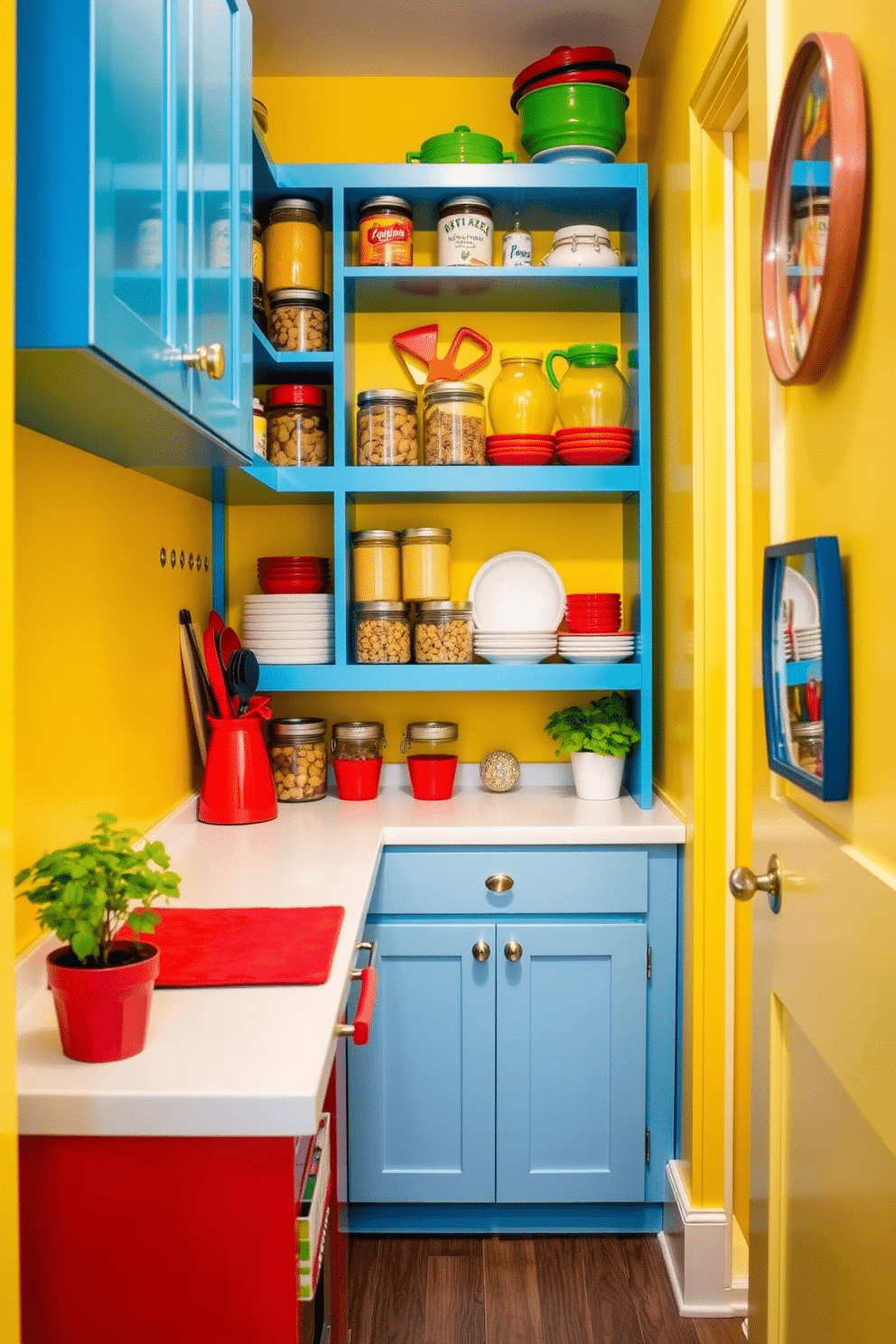 A vibrant small pantry filled with bright colors that energize the space. The walls are painted in a cheerful yellow, complemented by bold blue shelving that displays neatly arranged jars and colorful kitchenware. The countertop features a playful mix of red and green accents, with fresh herbs in bright pots adding a lively touch. A stylish, compact design maximizes storage while maintaining a fun and inviting atmosphere.