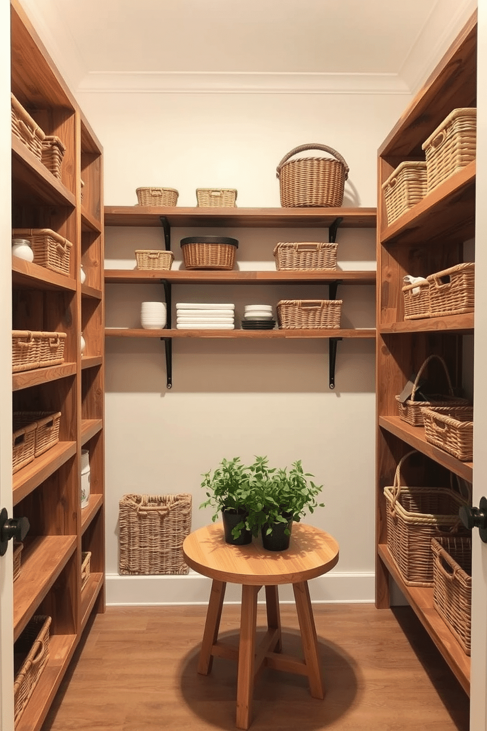 Open shelves adorned with decorative baskets create an inviting and organized small pantry space. The shelves are made of reclaimed wood, offering a rustic charm, while the baskets are woven in natural fibers, adding texture and warmth. The walls are painted in a soft, creamy white to enhance the brightness of the pantry. A small, round table with a light wood finish sits in the center, complemented by a few potted herbs for a touch of greenery.