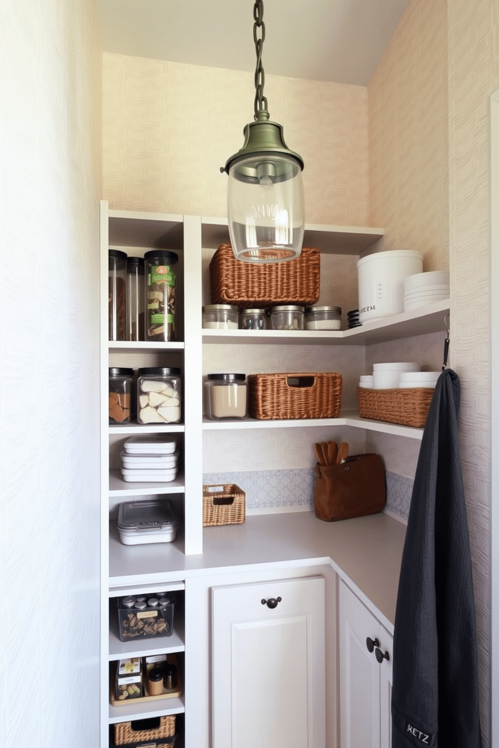 A cozy small pantry featuring textured wallpaper in a soft, neutral tone to add depth and warmth to the space. The shelves are neatly organized with clear containers and wooden baskets, creating an inviting and functional storage solution. Incorporating a small countertop area with a stylish backsplash complements the pantry's aesthetic. A vintage-inspired light fixture hangs above, illuminating the space and enhancing its charm.