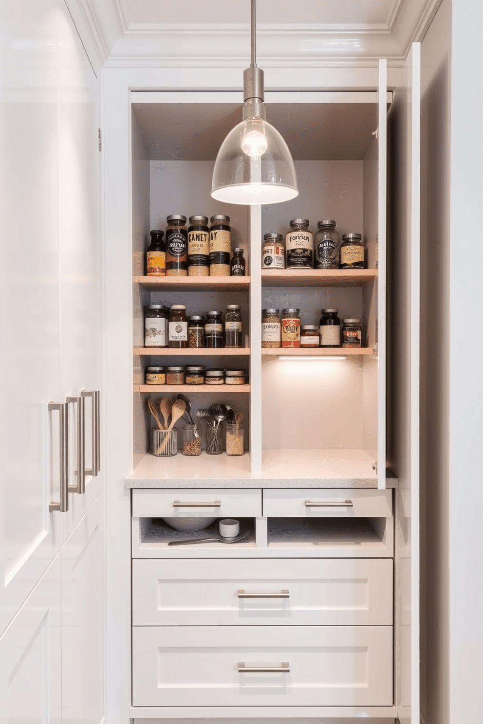 A sleek small pantry featuring built-in cabinetry that blends seamlessly with the surrounding kitchen decor. The cabinetry is finished in a soft white with brushed nickel handles, maximizing storage while maintaining a clean aesthetic. Inside the pantry, open shelving displays neatly organized jars and spices, with a pull-out drawer for easy access to utensils. A small countertop area is included for meal prep, illuminated by a stylish pendant light above.