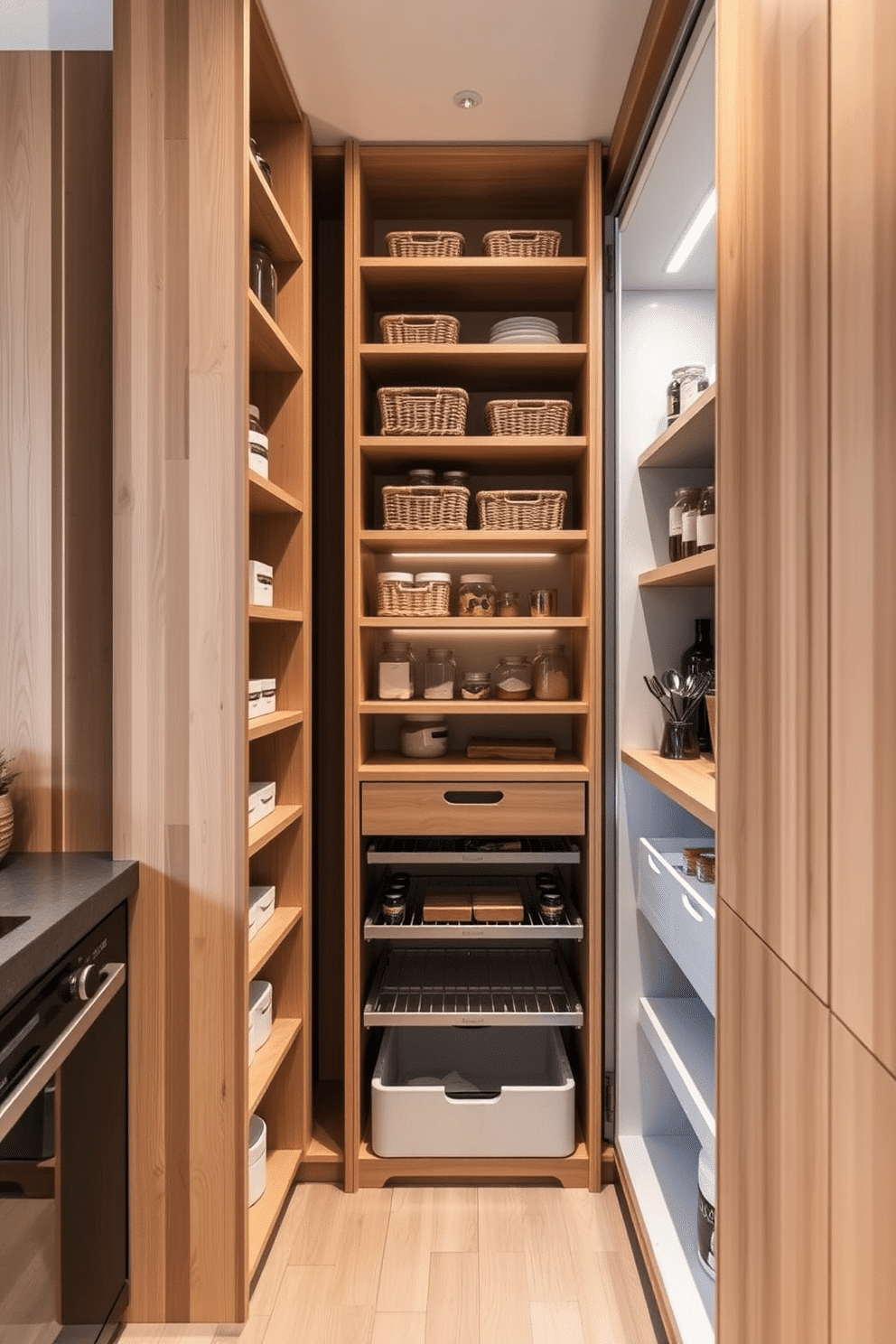 A sleek vertical storage solution designed for a limited space features tall, open shelving units made of light wood, maximizing verticality while maintaining an airy feel. The shelves are adorned with neatly organized jars and baskets, showcasing a blend of functionality and style. A small pantry design incorporates clever pull-out drawers and sliding shelves, allowing easy access to ingredients while optimizing every inch. Soft, ambient lighting illuminates the space, highlighting the warm tones of the cabinetry and creating an inviting atmosphere.