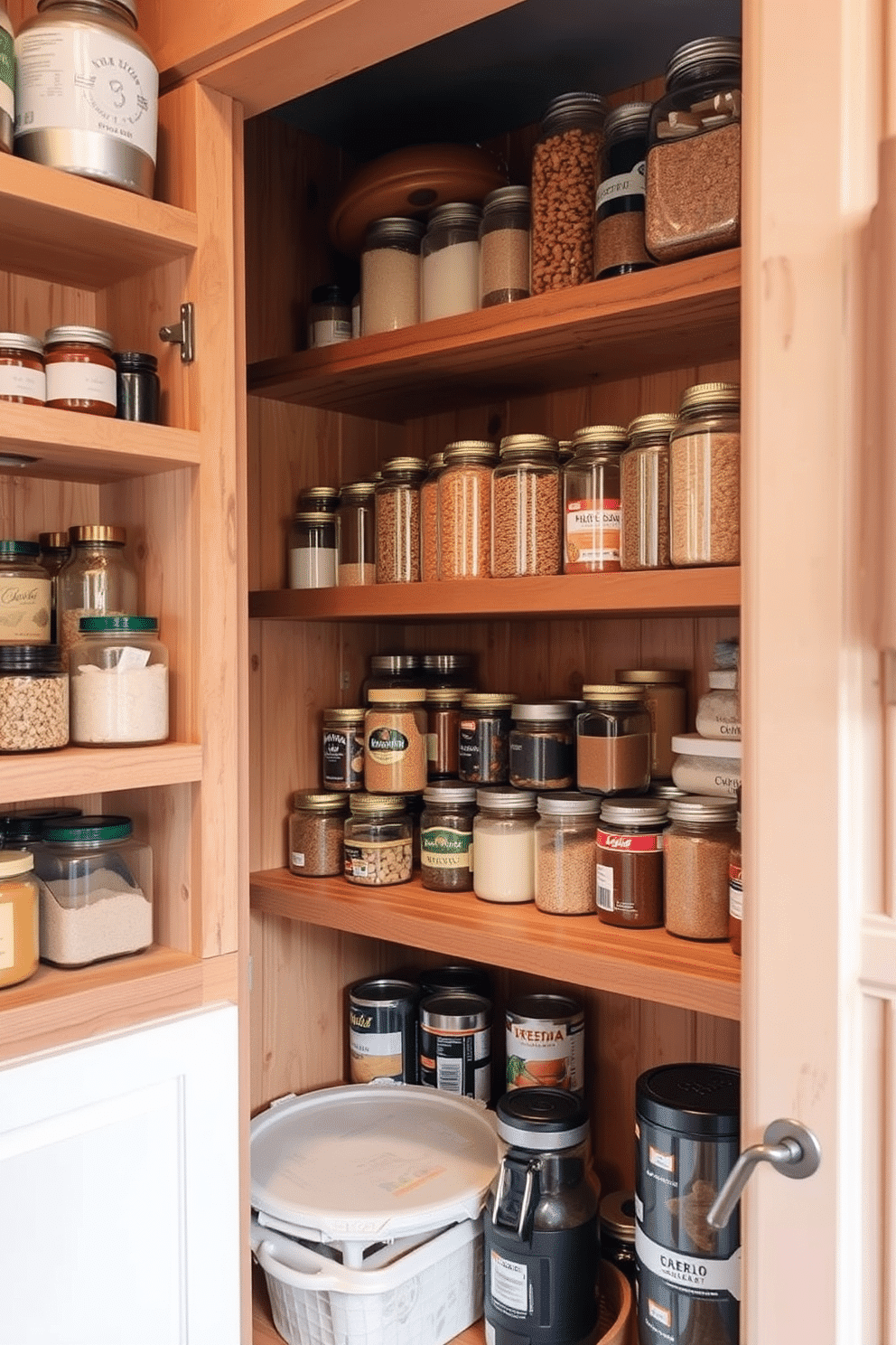 A cozy small pantry featuring rustic wooden shelves that create a warm and inviting atmosphere. The shelves are filled with neatly organized jars of spices, grains, and canned goods, enhancing the rustic charm of the space.