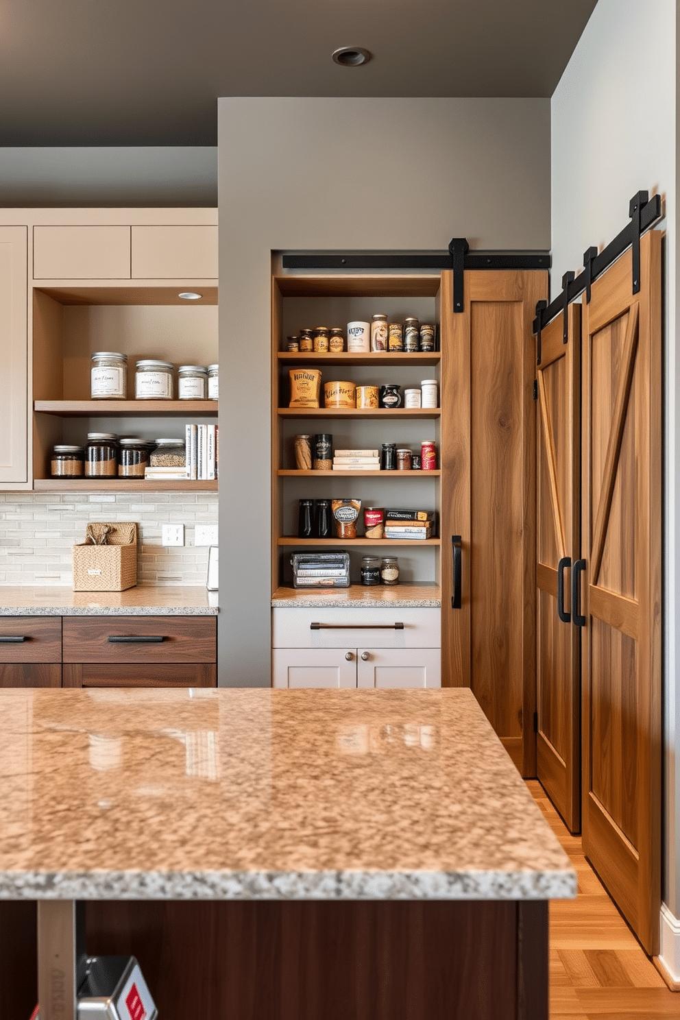 A sleek multi-functional kitchen island features built-in pantry storage, seamlessly blending style and practicality. The island is topped with a rich quartz surface, and underneath, open shelving showcases neatly organized jars and cookbooks. Adjacent to the island, a small pantry is designed with sliding barn doors, maximizing space while providing easy access. Inside, custom shelving accommodates a variety of dry goods, and a small countertop offers a convenient prep area.