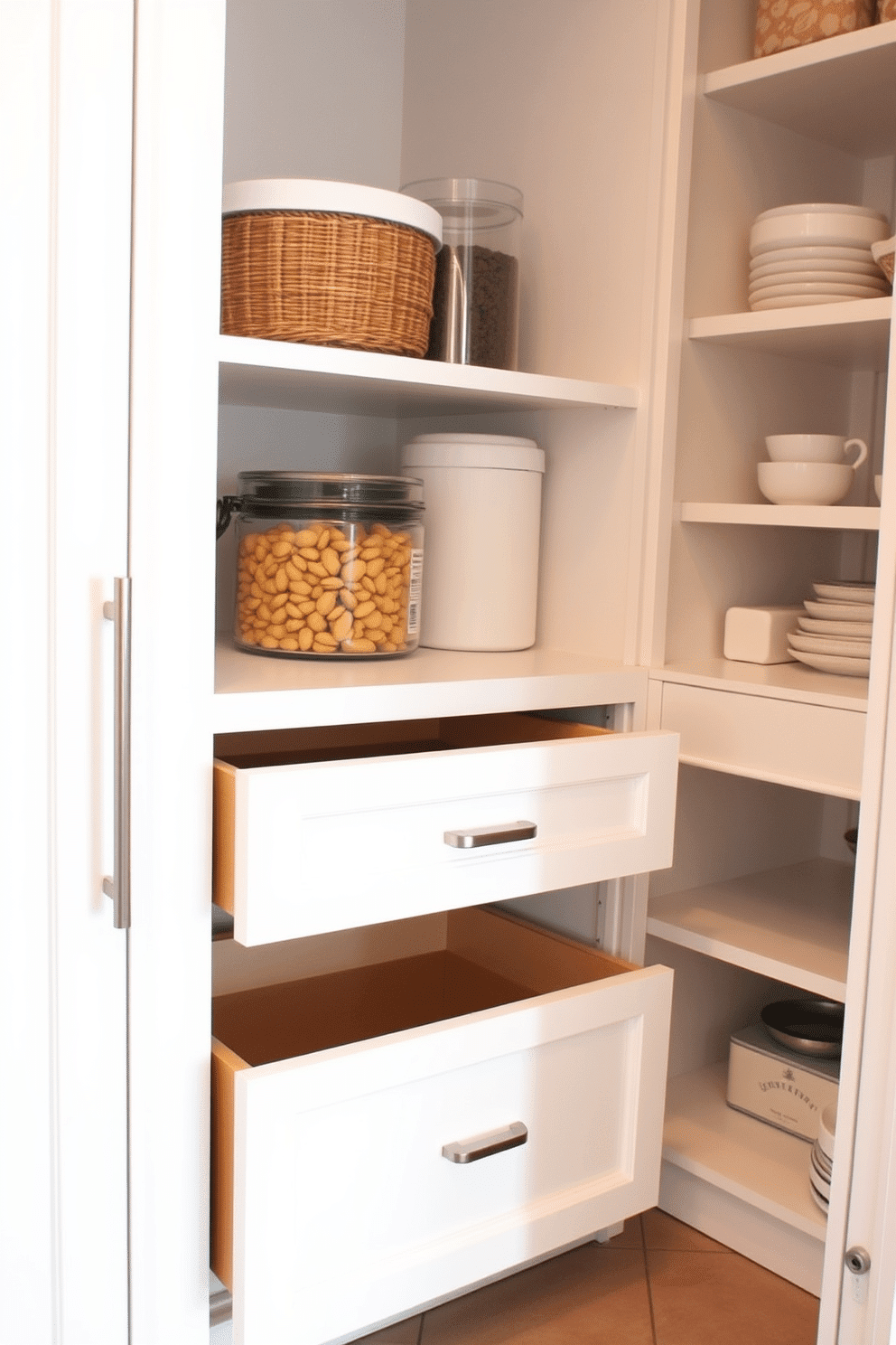 A small pantry design featuring pull-out drawers for easy access, enhancing organization and functionality. The cabinetry is painted in a soft white, complemented by sleek stainless steel handles for a modern touch.