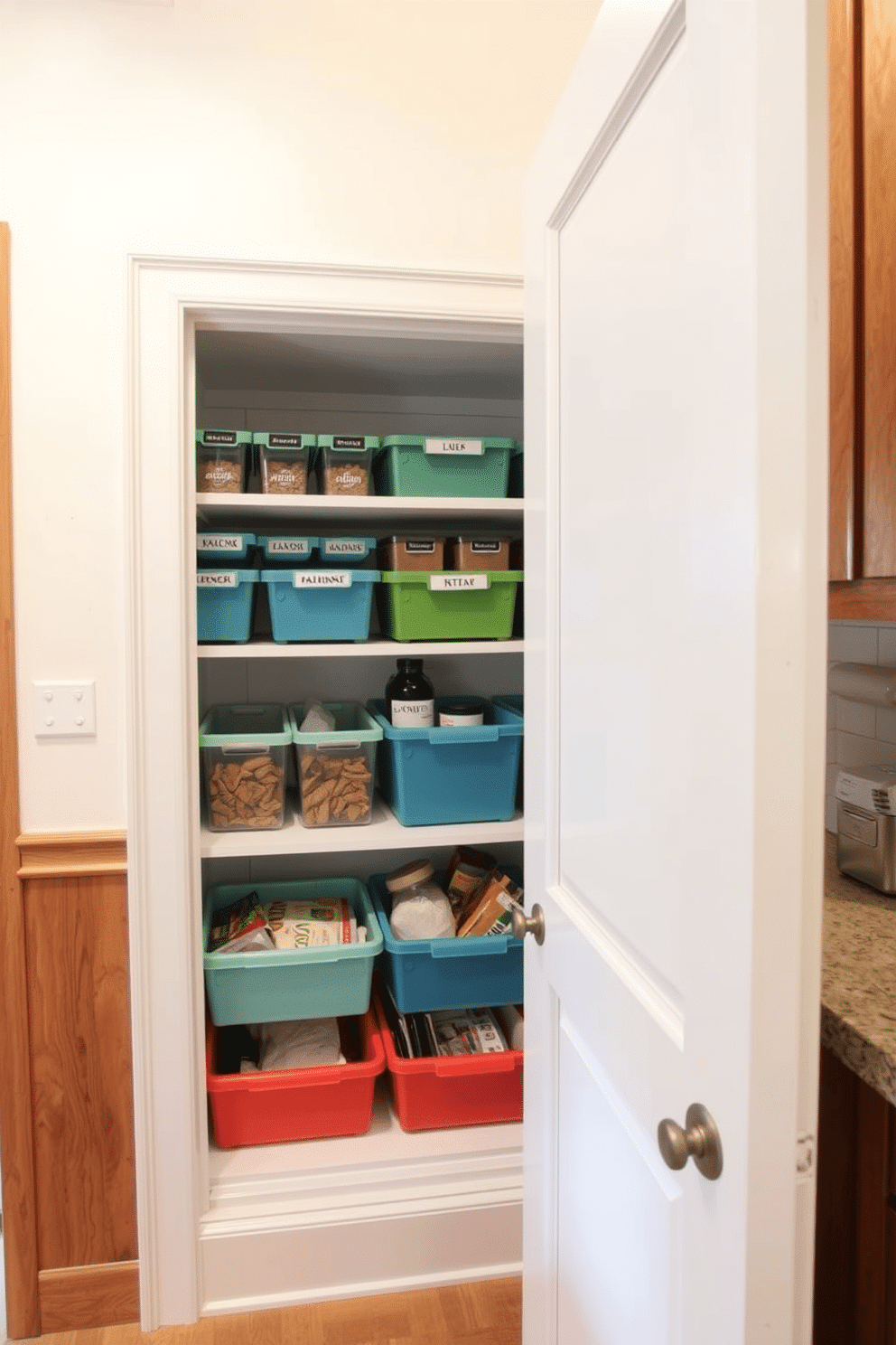 A small pantry featuring color-coded bins neatly organized on open shelves, allowing easy access to various ingredients. The walls are painted in a soft cream color, complemented by warm wooden accents that enhance the cozy feel of the space.