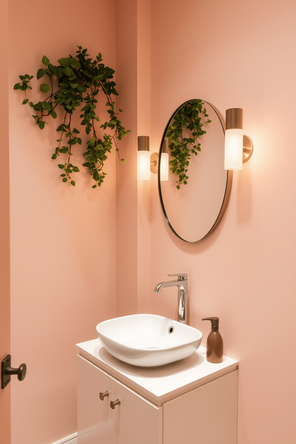 A small powder room featuring elegant design elements. The walls are painted in a soft pastel hue, creating a warm and inviting atmosphere. In one corner, small potted plants add a touch of freshness and vibrancy. A sleek, modern sink is mounted on a minimalist vanity, complemented by stylish fixtures and ambient lighting.