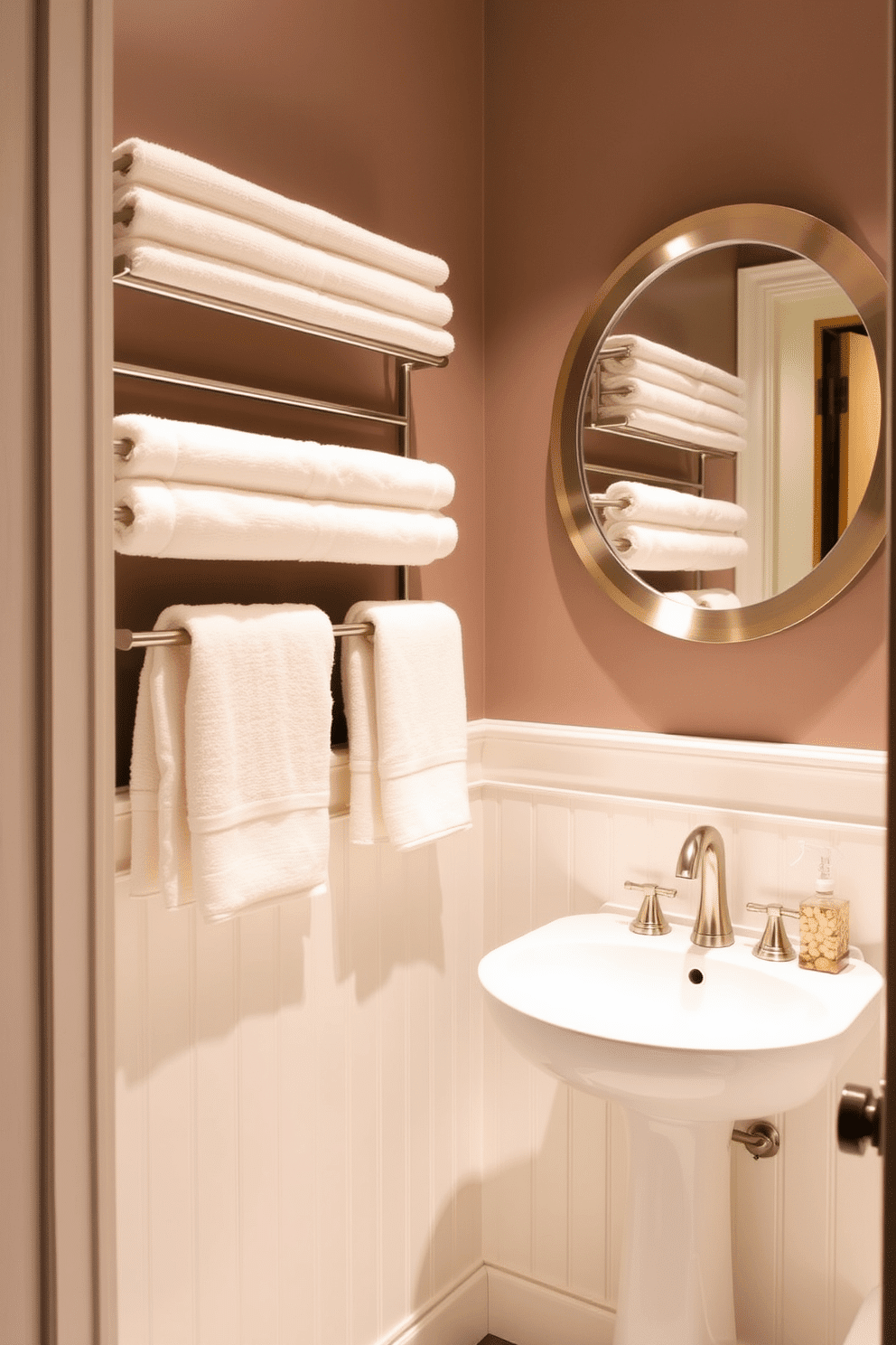 A small powder room featuring wall-mounted towel racks to maximize space efficiency. The design includes a sleek pedestal sink, complemented by a round mirror with a brushed nickel frame, creating a modern yet inviting atmosphere.