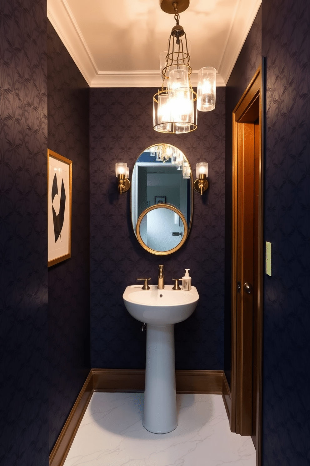 A small powder room features unique light fixtures as focal points, creating an inviting atmosphere. The walls are adorned with a rich navy blue wallpaper, and a sleek pedestal sink complements the design. Above the sink, an artistic chandelier made of glass and metal draws the eye, casting a warm glow. The floor is tiled with elegant white marble, and a small, round mirror with a gold frame enhances the room's sophistication.