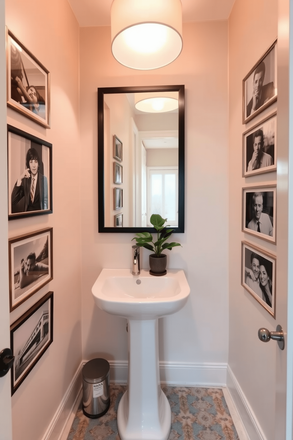 A small powder room featuring elegant framed photos on the walls, adding a personal touch and warmth to the space. The design includes a sleek pedestal sink with a stylish faucet, complemented by a soft, ambient light fixture above. The walls are painted in a soft, inviting hue, while a decorative mirror enhances the illusion of space. A chic, patterned rug sits beneath the sink, and a small potted plant adds a fresh touch to the overall aesthetic.