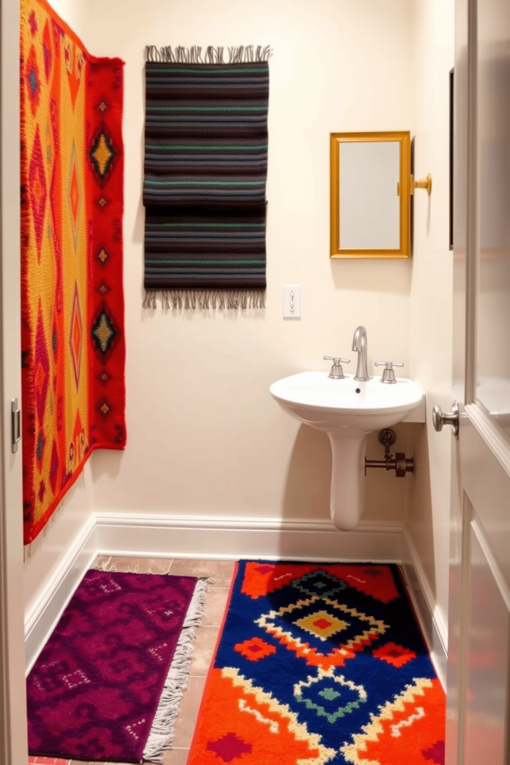 A small powder room features vibrant, colorful rugs that add warmth and texture to the space. The walls are painted in a soft, neutral tone, and a sleek, modern sink is mounted against one side, complemented by stylish fixtures. The design incorporates a playful mix of geometric patterns in the rugs, enhancing the room's visual interest. A small framed mirror hangs above the sink, reflecting the cheerful ambiance created by the eclectic decor.