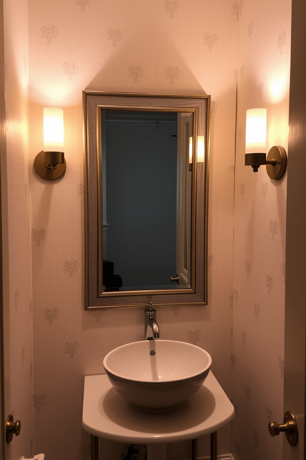 A small powder room features elegant sconce lighting flanking a stylish mirror, casting a warm glow throughout the space. The walls are adorned with a subtle wallpaper pattern, while a compact vanity with a chic vessel sink sits below the mirror, creating a cozy yet sophisticated atmosphere.