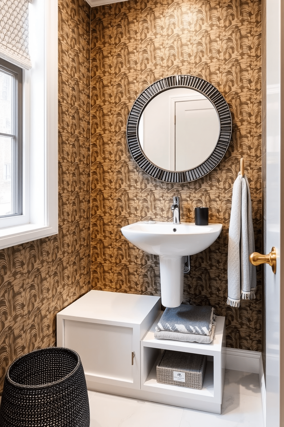 A small powder room features a sleek, wall-mounted sink that maximizes floor space, with stylish storage solutions cleverly integrated beneath. The walls are adorned with a bold wallpaper, while a round mirror with a decorative frame adds depth and elegance to the compact area.