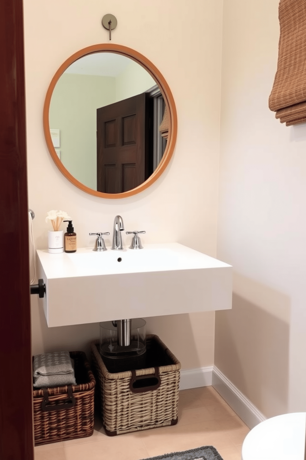 A small powder room features decorative baskets neatly arranged under a sleek floating vanity, providing organized storage while adding a touch of style. The walls are painted in a soft pastel hue, and a round mirror with a natural wood frame reflects the warm ambiance of the space.