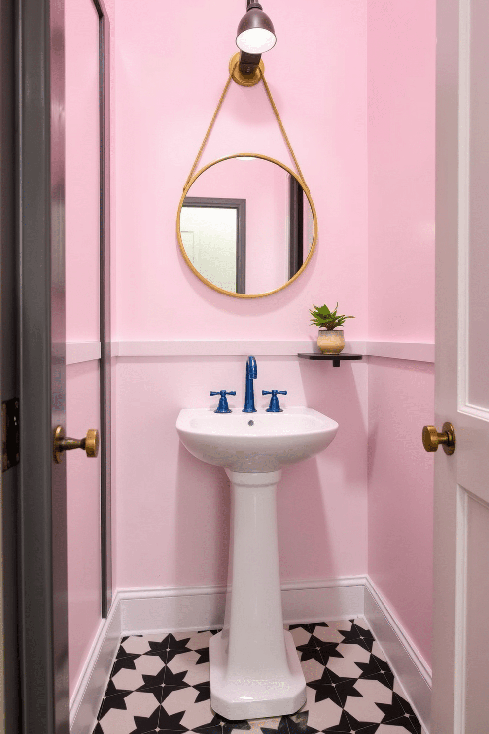 A small powder room featuring bold faucet colors that create a striking contrast against the soft pastel walls. The space includes a sleek pedestal sink with a vibrant blue faucet, complemented by a chic round mirror with a gold frame above it. The floor is adorned with geometric patterned tiles in black and white, adding visual interest to the compact area. A small potted plant sits on a floating shelf, bringing a touch of greenery and life to the design.