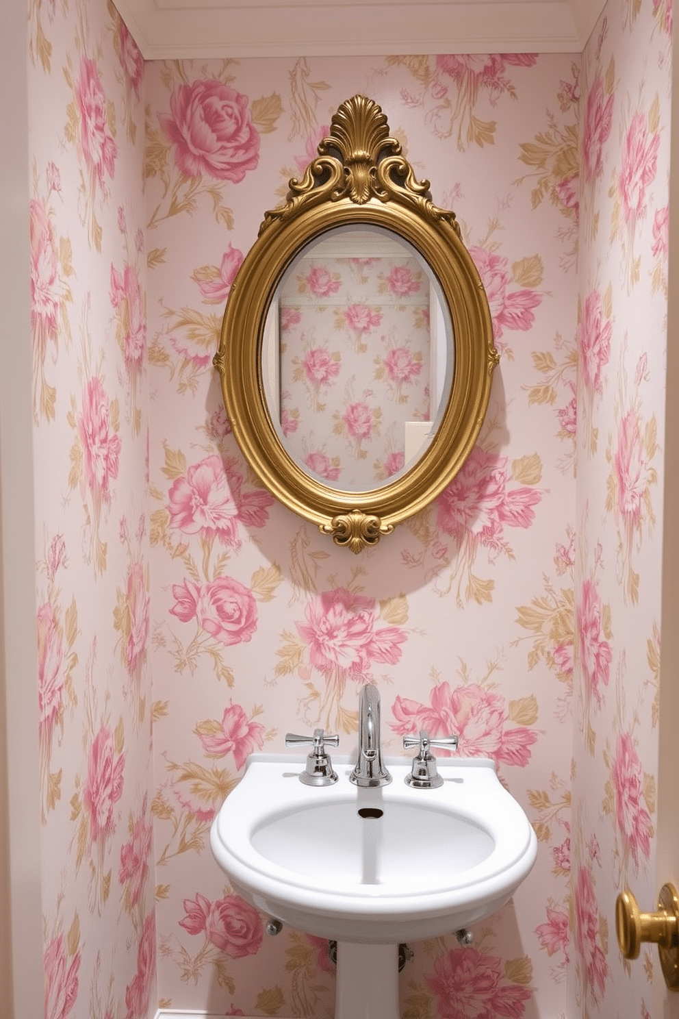 A charming small powder room adorned with vintage-inspired wallpaper featuring intricate floral patterns in soft pastel colors. The room is accented by a delicate pedestal sink with a polished chrome faucet and a round mirror framed in antique gold, creating a nostalgic atmosphere.