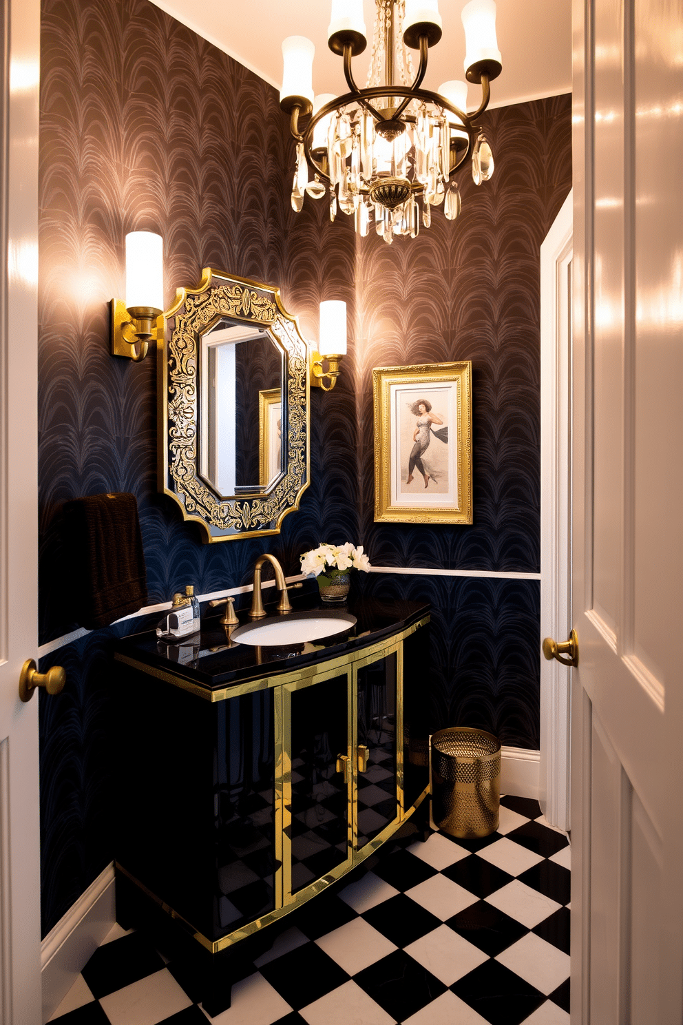 A glamorous small powder room featuring art deco elements. The walls are adorned with bold geometric wallpaper in deep jewel tones, complemented by a sleek black and gold vanity with an intricate mirror above it. The floor showcases a stunning black and white checkerboard pattern, while a stylish chandelier hangs from the ceiling, casting a warm glow. Elegant accessories, such as a gold-framed art piece and a small potted plant, add the perfect finishing touches to this chic space.