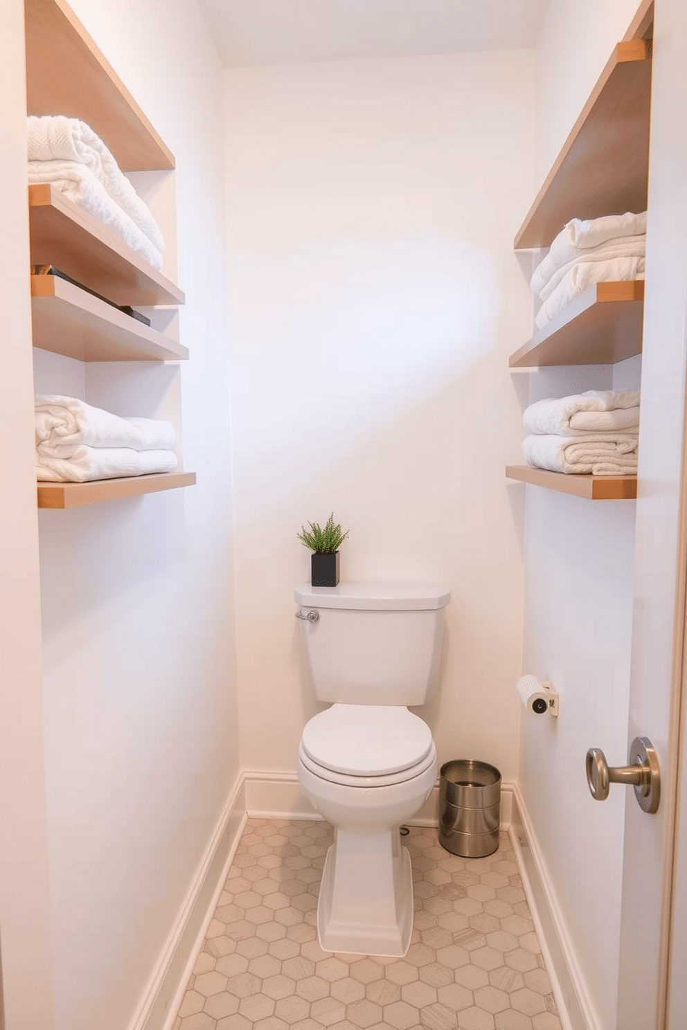 A small powder room features open shelving on the walls, showcasing neatly arranged towels and decorative items. The walls are painted a soft white, creating a bright and airy feel, while the floor is adorned with stylish hexagonal tiles.