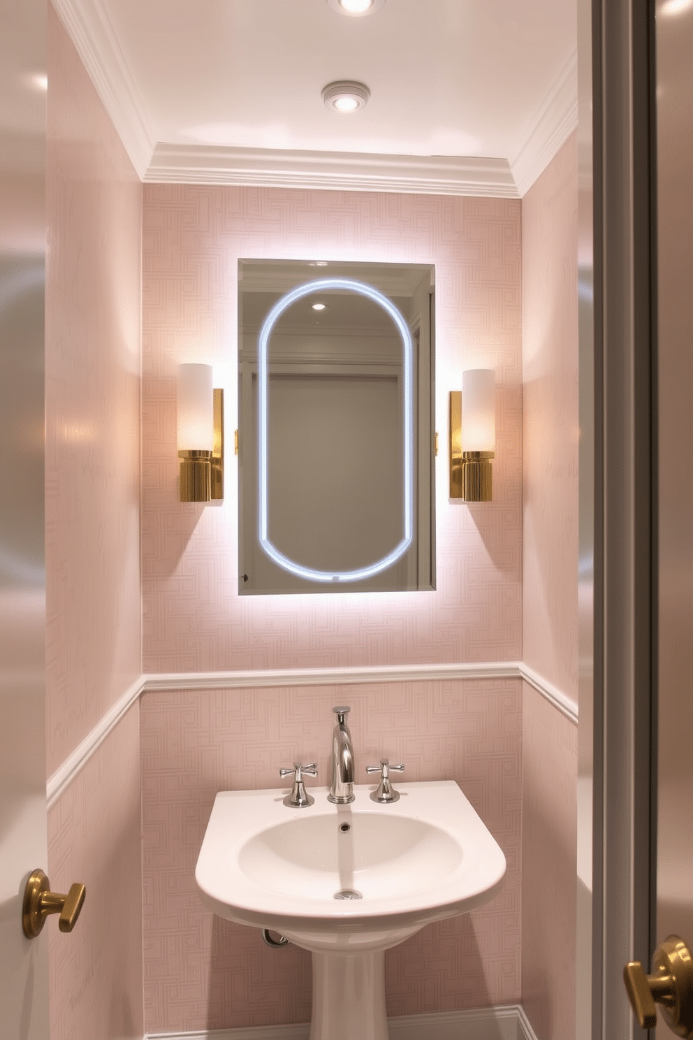 A small powder room featuring layered lighting to enhance functionality and ambiance. The space includes a stylish wall-mounted sink with a sleek, modern faucet, complemented by a decorative mirror with integrated LED lighting. Soft recessed lights in the ceiling provide general illumination, while sconces on either side of the mirror add warmth and depth. The walls are adorned with a chic wallpaper in a subtle pattern, and the floor is finished with elegant, glossy tiles that reflect the light beautifully.