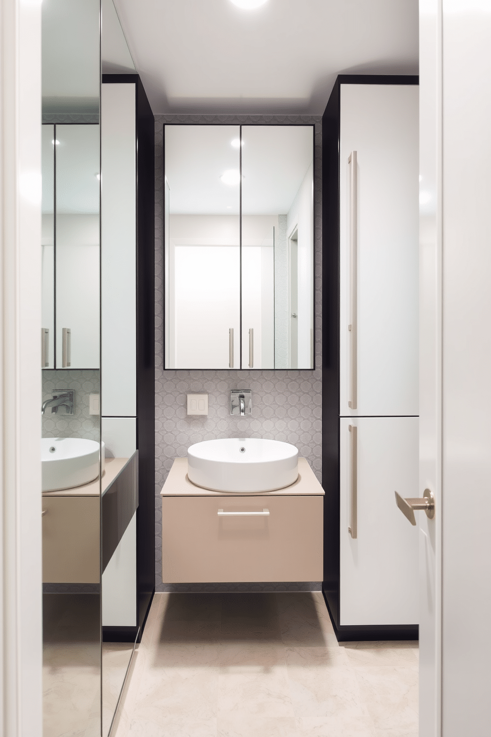 A small powder room features mirrored cabinets that reflect light and create an illusion of spaciousness. The design incorporates sleek fixtures and a minimalist aesthetic, with a delicate color palette to enhance the airy atmosphere. The walls are adorned with subtle wallpaper, adding texture without overwhelming the space. A chic floating vanity complements the mirrored cabinets, providing both style and functionality.