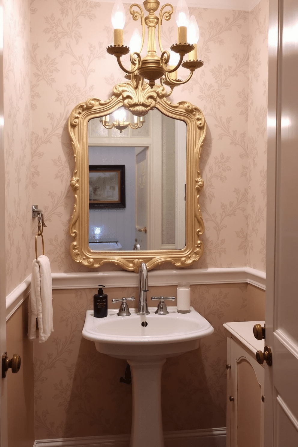 A small powder room featuring vintage fixtures that exude classic charm. The space includes a pedestal sink with a polished chrome faucet, complemented by an ornate, framed mirror above it. Soft, muted wallpaper with a floral pattern adorns the walls, while a vintage chandelier provides warm, ambient lighting. A small wooden cabinet, painted in a distressed white finish, adds both storage and character to the room.