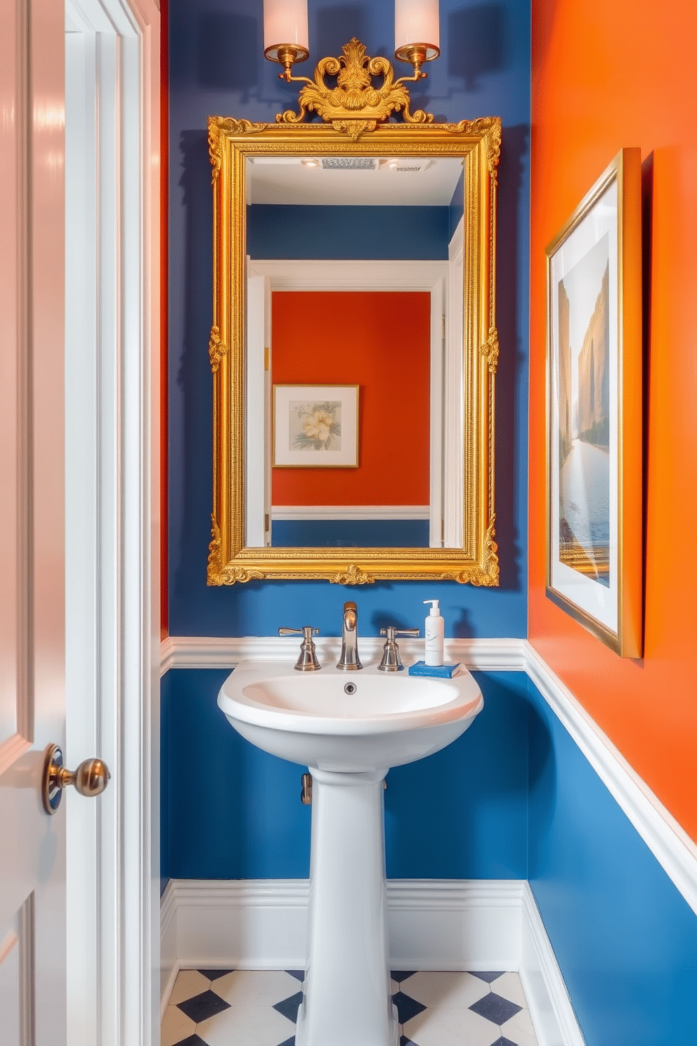 A small powder room features bold color accents on the walls, creating a vibrant and inviting atmosphere. The space includes a sleek pedestal sink and a wall-mounted mirror framed in a striking gold finish, enhancing the room's elegance.