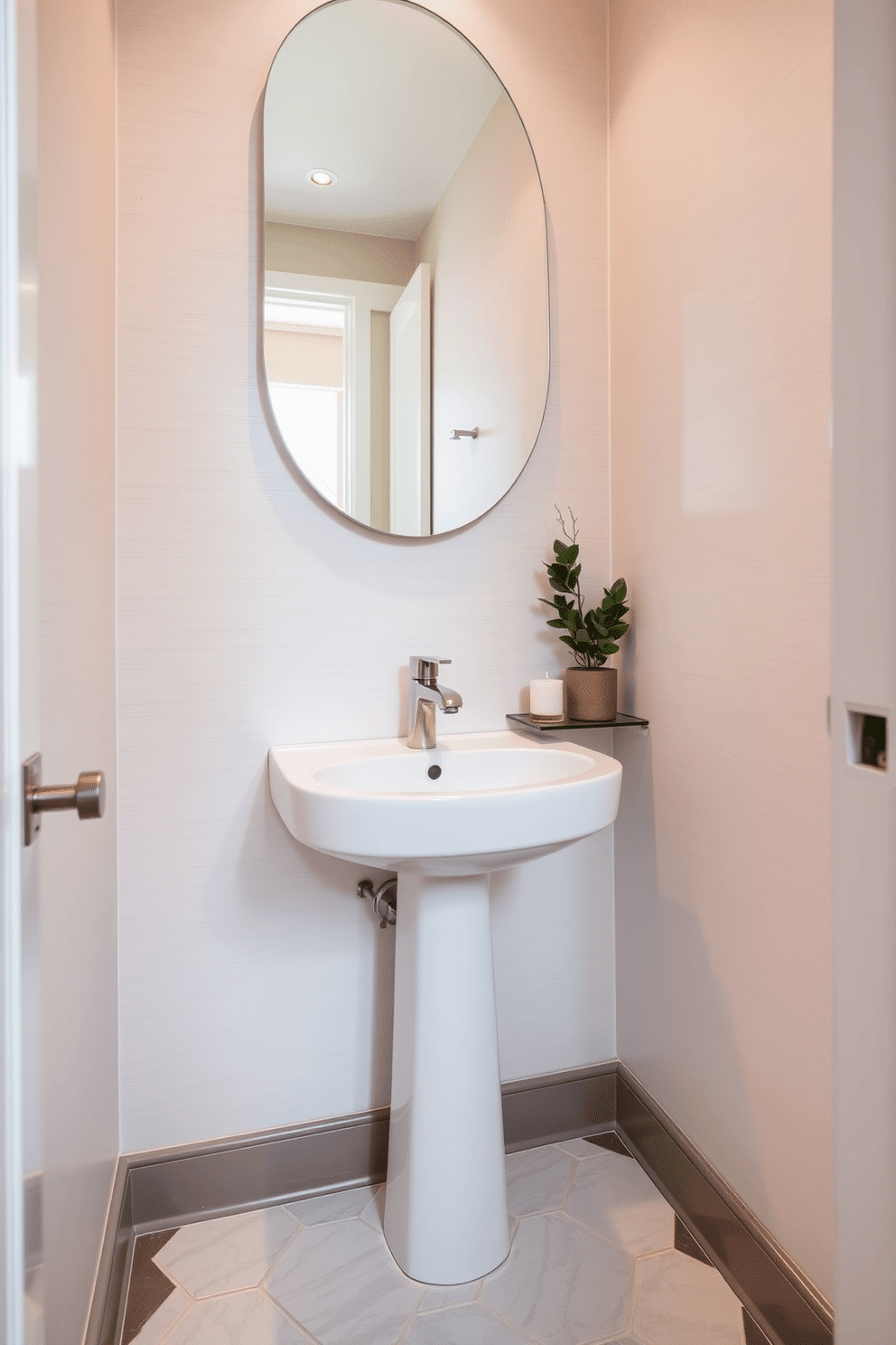 A compact sink is elegantly integrated into a small powder room, featuring a sleek, modern faucet that adds a touch of sophistication. The walls are adorned with a soft, neutral wallpaper, while a stylish mirror above the sink reflects the ambient light, enhancing the sense of space. The floor is laid with chic, geometric tiles that provide a contemporary contrast to the delicate decor. A small shelf beside the sink holds decorative items, such as a fragrant candle and a potted plant, creating an inviting atmosphere in this intimate setting.