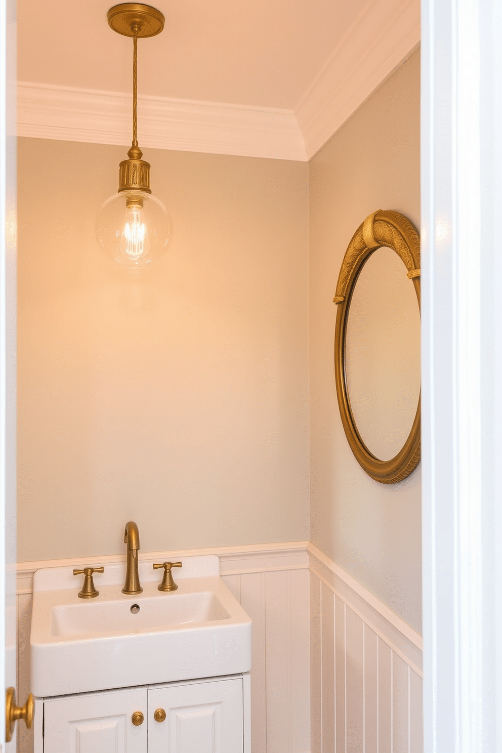 Chic pendant lighting hangs gracefully from the ceiling, casting a warm glow over the small powder room. The walls are adorned with a soft pastel hue, complementing the elegant fixtures and creating a cozy atmosphere. A sleek, modern sink is positioned against one wall, with a stylish cabinet below for storage. Accents of gold in the hardware and a decorative mirror enhance the room's sophistication while maintaining a compact design.