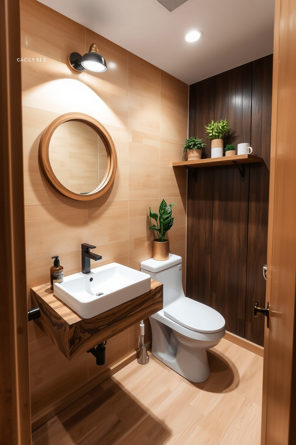 A small powder room featuring natural wood elements, including a floating vanity made of reclaimed wood with a sleek white sink. The walls are adorned with warm beige tiles, and a round mirror with a wooden frame reflects the soft, ambient lighting. Incorporate a small wooden shelf above the toilet, displaying decorative items and plants for a touch of greenery. The floor is finished with light-colored wood planks, enhancing the cozy and inviting atmosphere of the space.