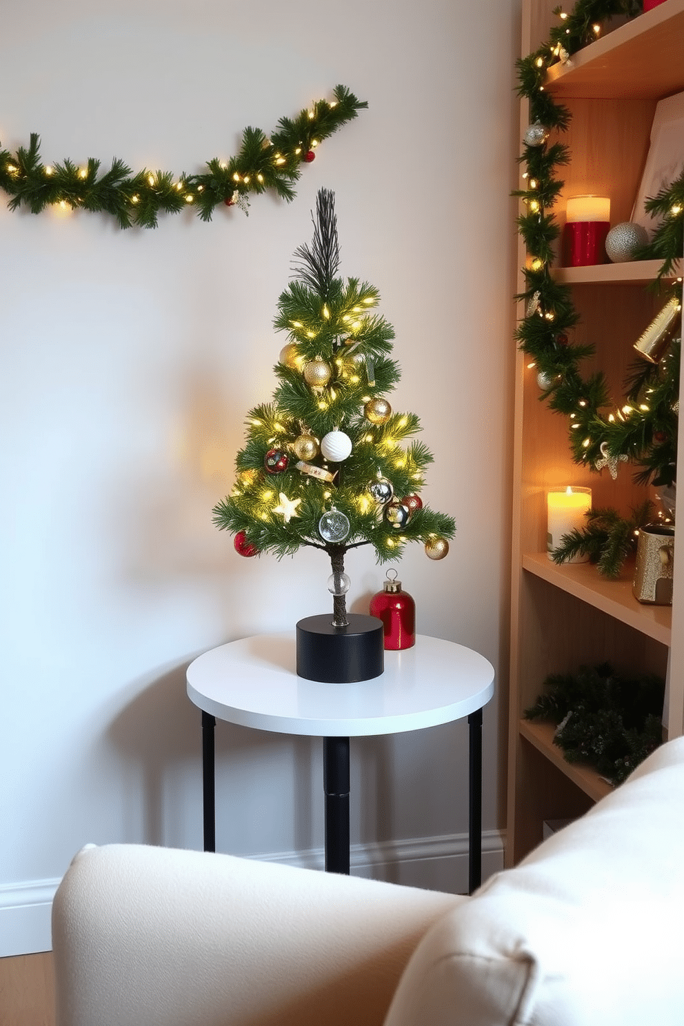 A charming mini Christmas tree sits atop a sleek side table, adorned with delicate ornaments and twinkling fairy lights. The table is positioned next to a cozy armchair, creating a festive nook perfect for enjoying holiday moments. In this small space, creative decorations enhance the holiday spirit without overwhelming the room. Festive garlands drape across shelves, and a few carefully placed candles add warmth and ambiance to the scene.