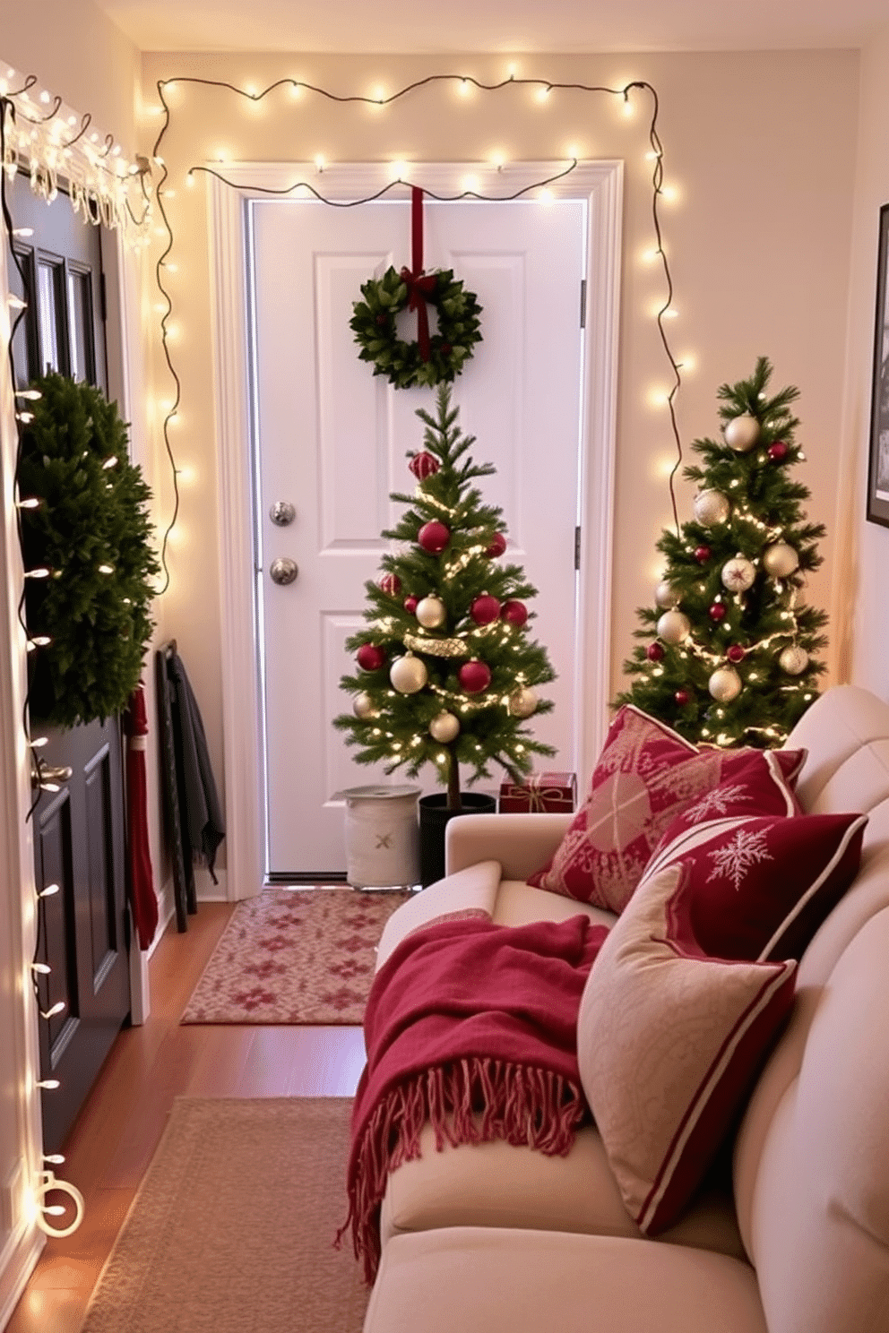 A charming entryway adorned for the holidays features a small, lush wreath on the door, adding a festive touch. Inside, the space is decorated with twinkling fairy lights draped along the walls, creating a warm and inviting atmosphere. The living area showcases a compact Christmas tree, elegantly decorated with ornaments in shades of gold and red. Cozy throw blankets are draped over the sofa, complemented by festive pillows that enhance the seasonal cheer.