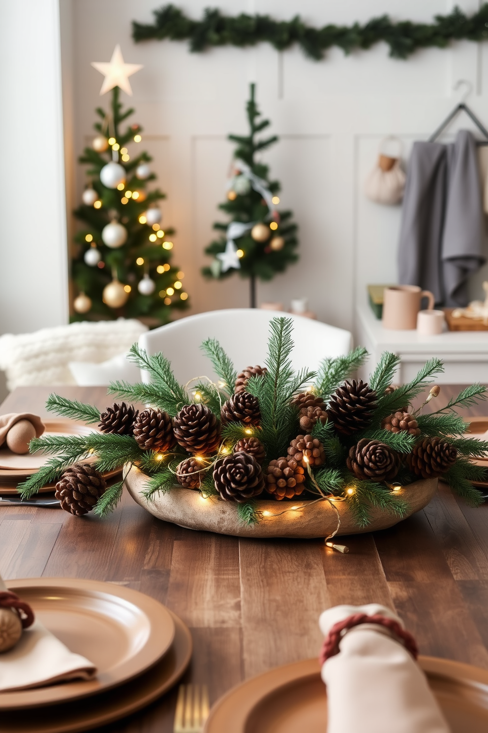 A cozy dining table adorned for the holidays features a natural centerpiece of pinecones, artfully arranged with sprigs of evergreen and twinkling fairy lights intertwined. The table is set with rustic wooden plates and warm, soft-toned napkins, creating an inviting atmosphere for festive gatherings. Behind the table, a small space is decorated with a charming Christmas tree, adorned with minimalist ornaments and a warm white star on top. The surrounding area is enhanced with plush throws and seasonal accents, ensuring a festive yet uncluttered look that maximizes the limited space.