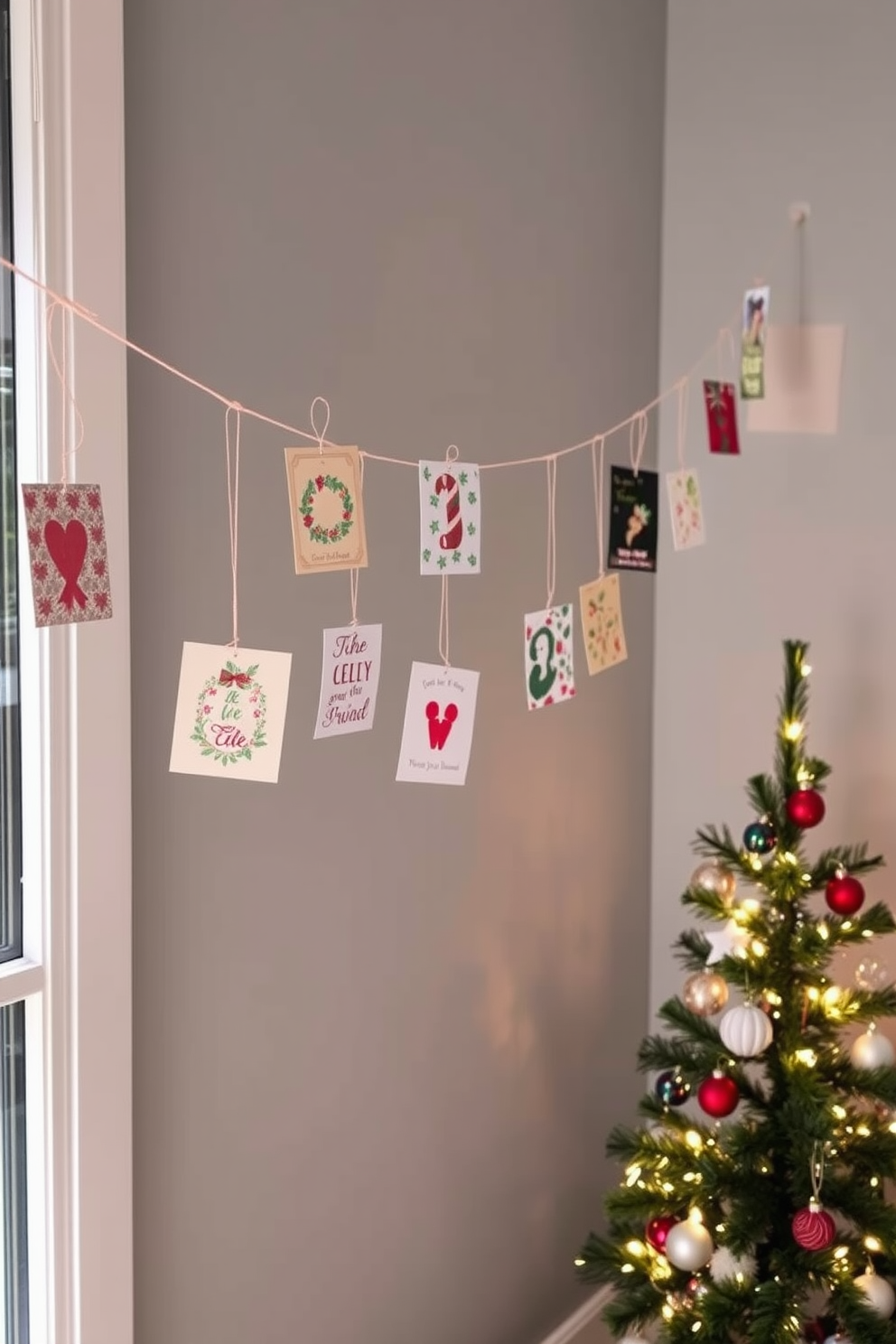 A charming holiday display features an assortment of festive cards hung on a delicate wire string, creating a whimsical atmosphere. The cards, adorned with various designs and colors, sway gently, adding a touch of cheer to the room. In a cozy corner, small space Christmas decorating ideas come to life with a compact, elegantly decorated tree. Adorned with twinkling lights and miniature ornaments, it brings a festive spirit without overwhelming the limited space.