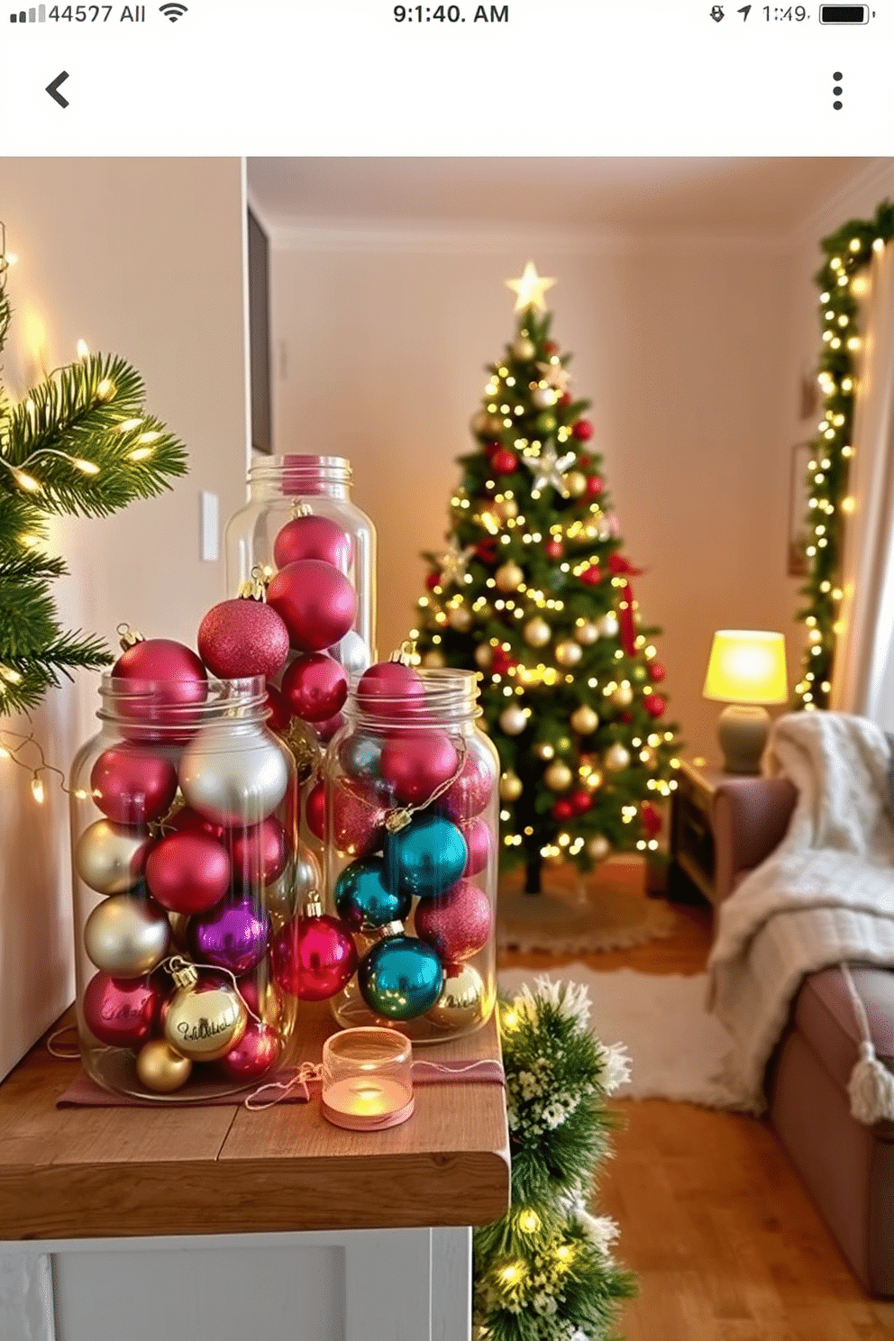 A cozy holiday vignette featuring glass jars filled with an assortment of colorful ornaments, showcasing a mix of shiny and matte finishes. The jars are arranged on a rustic wooden shelf, complemented by twinkling fairy lights that add a warm glow to the festive display. In a small living room, a beautifully decorated Christmas tree stands in the corner, adorned with delicate ornaments and a star on top. The space is enhanced with festive garlands draped over furniture and a plush throw blanket, creating an inviting atmosphere for holiday gatherings.