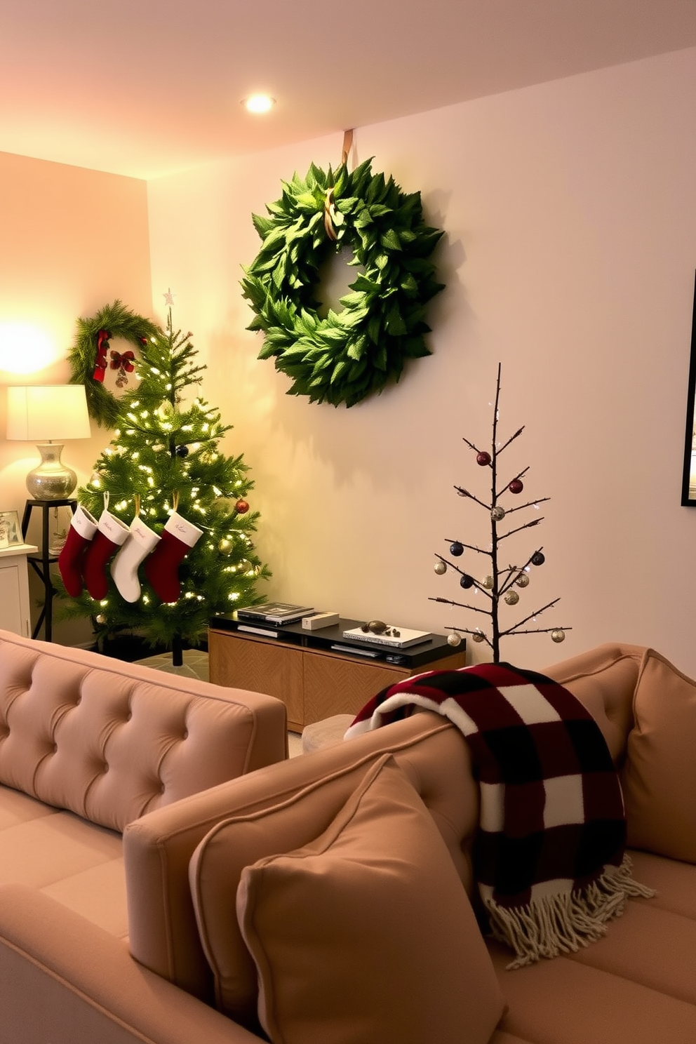 A cozy living room adorned for the holidays features a large, lush wreath hanging above a plush, contemporary couch. The space is accented with warm, ambient lighting and festive decorations, creating an inviting atmosphere for seasonal gatherings. In this small space, a minimalist tree stands in the corner, decorated with delicate ornaments and twinkling lights. Stockings are hung on a sleek, modern mantle, while a festive throw blanket drapes over the couch, adding a touch of holiday cheer.