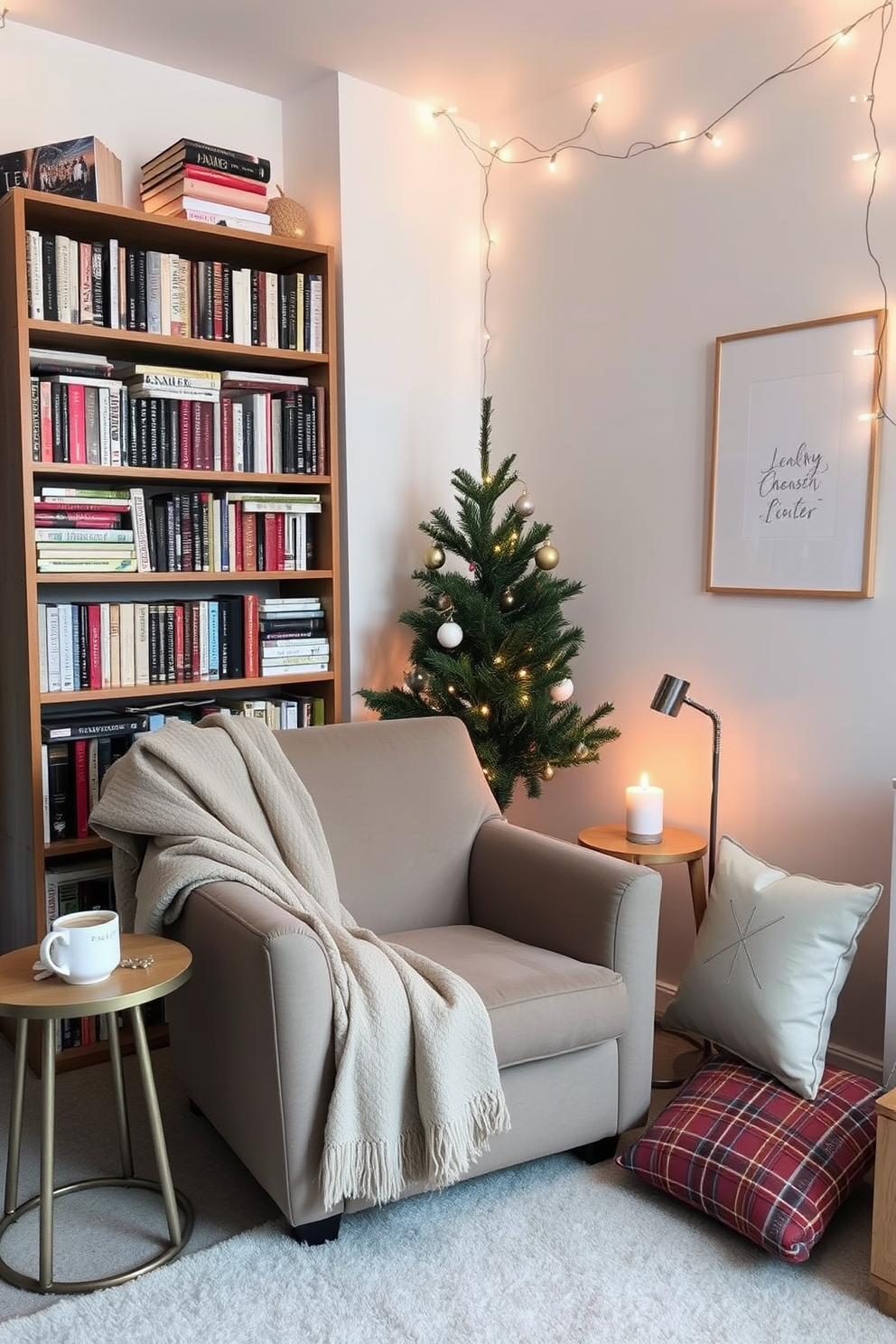 A cozy reading nook features a plush armchair upholstered in soft, muted fabric, positioned beside a tall bookshelf filled with an array of books. A warm throw blanket is draped over the armchair, and a small side table holds a steaming cup of tea and a decorative lamp that casts a gentle glow. For small space Christmas decorating ideas, adorn the walls with minimalist holiday art and hang twinkling fairy lights to create a festive atmosphere. A compact tree, decorated with simple ornaments, sits in the corner, while a few carefully placed festive cushions add a seasonal touch to the seating area.