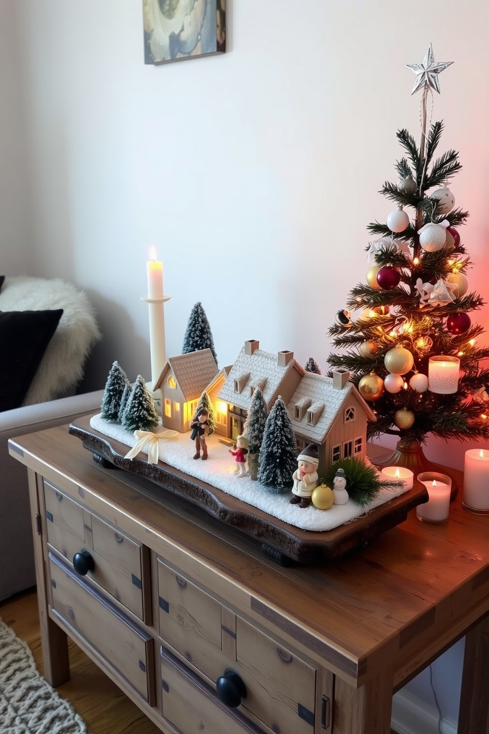 A charming small holiday village display is set up on a rustic wooden table, featuring quaint houses adorned with twinkling lights and miniature trees dusted with faux snow. Delicate figurines of carolers and children building snowmen add a whimsical touch, while a soft, warm glow from a nearby candle enhances the festive atmosphere. For small space Christmas decorating ideas, a beautifully decorated tabletop tree stands in the corner, adorned with colorful ornaments and a sparkling star on top. Surrounding the tree, a collection of festive candles and seasonal greenery creates a cozy, inviting ambiance perfect for holiday gatherings.