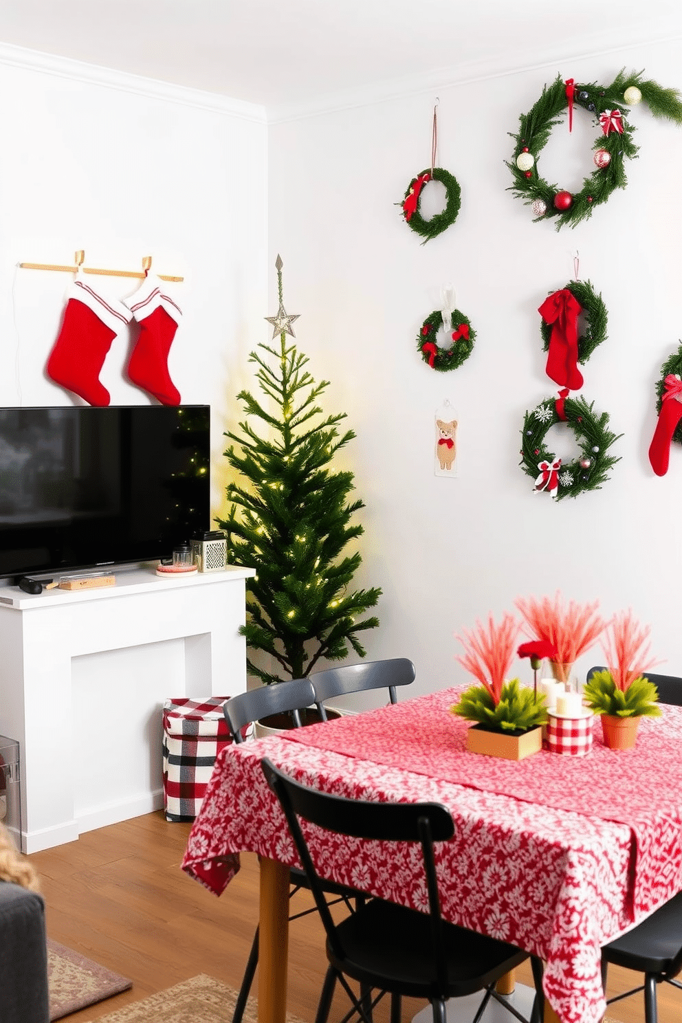 A cozy living room adorned for the holidays, featuring a small, decorated Christmas tree in the corner, elegantly draped with twinkling fairy lights. Removable adhesive hooks are utilized to hang festive stockings above a minimalist fireplace, creating a warm and inviting atmosphere. A compact dining area transformed for Christmas, with a festive table setting that includes a red and white tablecloth and seasonal centerpieces. Simple decor elements, like wreaths and garlands, are attached to the walls using removable adhesive hooks to enhance the holiday spirit without damaging the surfaces.