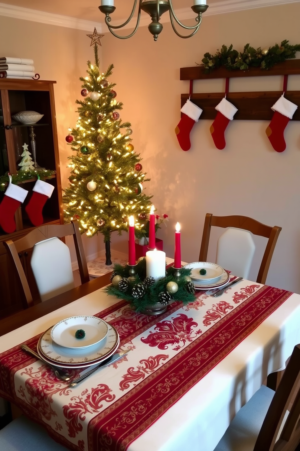 A cozy dining area adorned for the holidays, featuring a festive table runner with intricate patterns in red and gold. The table is set with elegant dinnerware, and a centerpiece of pinecones and candles adds a warm glow to the inviting atmosphere. In the corner, a small tree decorated with twinkling lights and colorful ornaments brings a touch of Christmas cheer to the space. Stockings hang from a nearby shelf, completing the charming holiday decor in this compact yet festive setting.