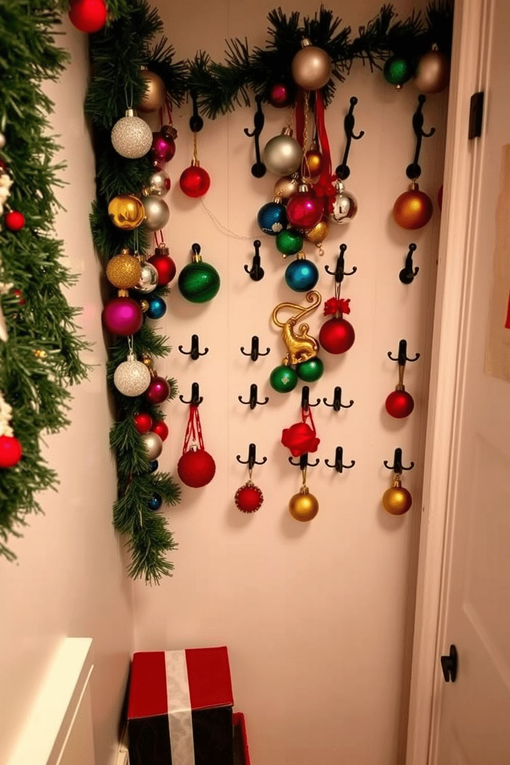 A cozy small space adorned for Christmas, featuring wall hooks decorated with an array of colorful ornaments. The hooks are arranged in a playful pattern, enhancing the festive atmosphere while maximizing the limited space.