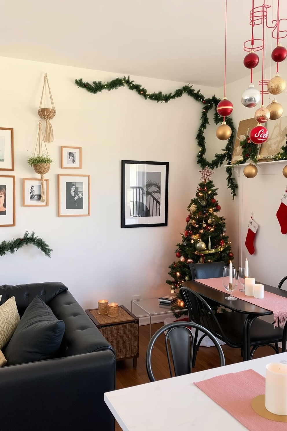 A cozy living room with a focus on vertical space, featuring hanging decor such as macramé plant hangers and framed artwork arranged in a gallery style on the walls. The room is adorned with a small, elegant Christmas tree in the corner, decorated with twinkling lights and ornaments, while festive garlands drape over the furniture to create a warm holiday atmosphere. In the dining area, a simple table setting includes a festive table runner and candles, complemented by hanging ornaments from the ceiling to enhance the seasonal cheer. The walls are painted in a soft cream color, allowing the vibrant decorations to stand out, and stockings are hung on a decorative shelf for a touch of holiday spirit.