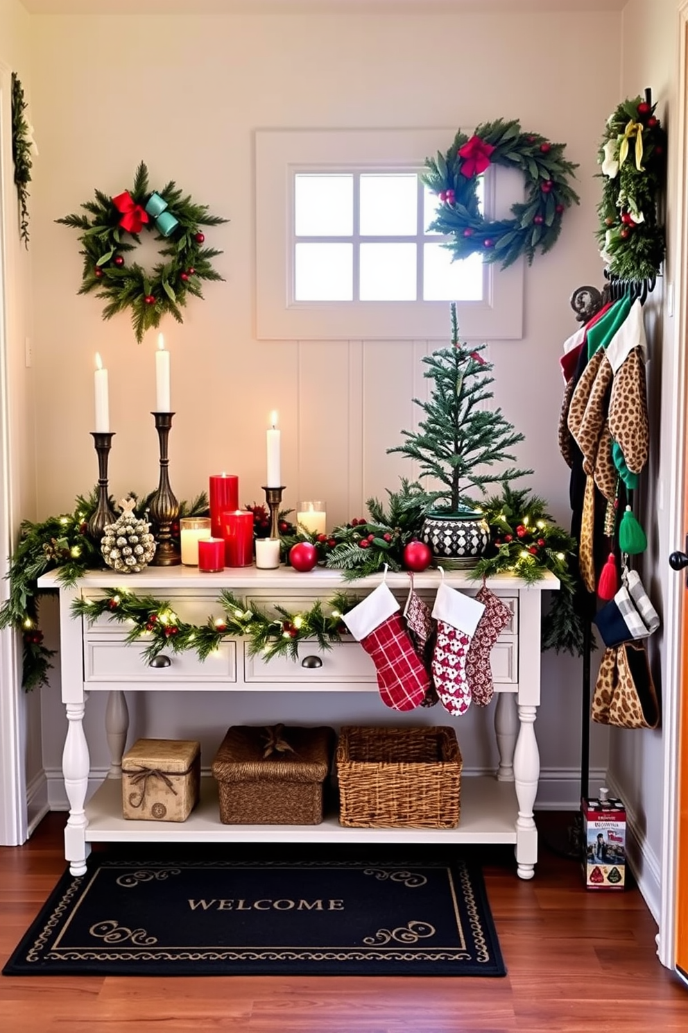 A festive entryway filled with holiday cheer. A beautifully decorated console table features a garland of pine and twinkling fairy lights, alongside a collection of seasonal candles and a small evergreen tree in a decorative pot. The walls are adorned with wreaths made of fresh greenery and red berries. A cozy welcome mat lies at the door, while a collection of colorful stockings hangs from a nearby coat rack, inviting guests into the holiday spirit.