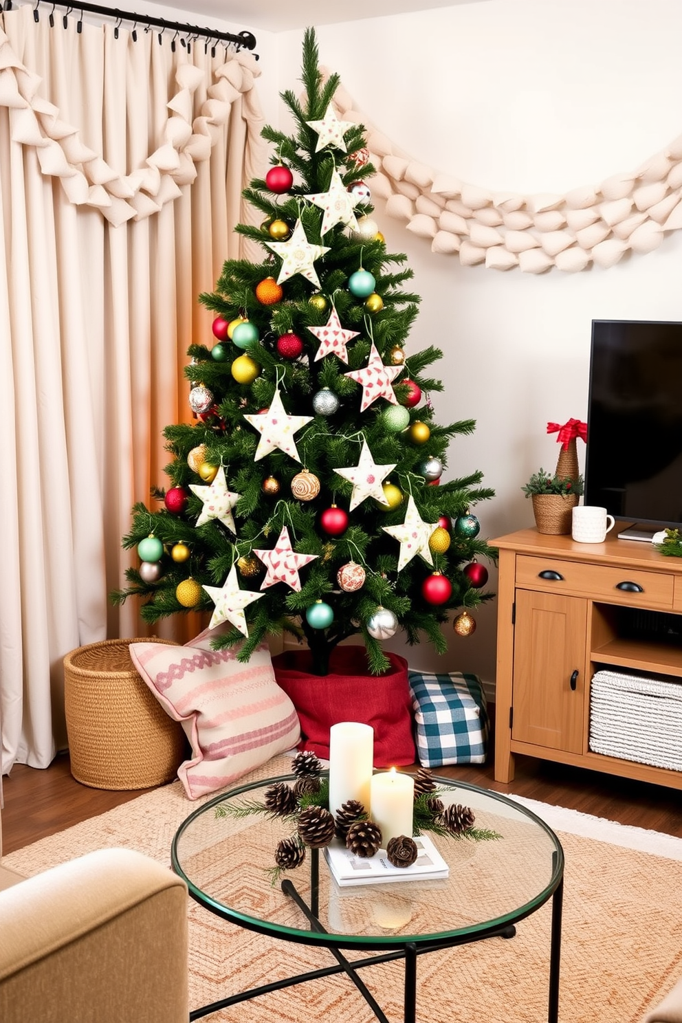 A cozy living room adorned with DIY fabric ornaments. The tree is decorated with handmade fabric stars and colorful baubles, creating a festive atmosphere in the small space. The walls are draped with soft, textured fabric garlands that complement the holiday theme. A small coffee table is topped with a simple centerpiece of pinecones and candles, enhancing the warm ambiance.