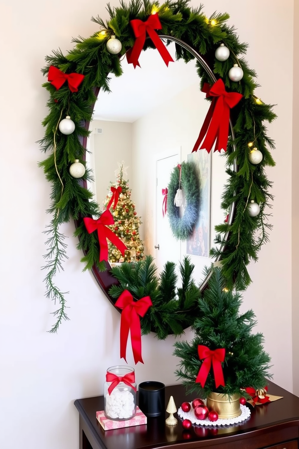 A beautifully decorated mirror adorned with lush green garlands and delicate red bows creates a festive focal point in the room. The garlands drape elegantly around the mirror's edges, enhancing its shape while adding a touch of holiday cheer. For small space Christmas decorating, utilize vertical space by hanging ornaments and lights from the ceiling. Incorporate compact, multi-functional decor items like a small tree on a side table, paired with festive accents to maximize the holiday spirit without overwhelming the area.