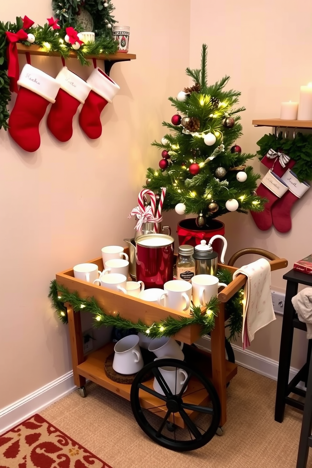 A charming hot cocoa station is set up on a vintage wooden cart, adorned with festive holiday decorations. The cart features an assortment of mugs, a steaming pot of cocoa, and toppings like whipped cream, marshmallows, and peppermint sticks. For small space Christmas decorating, a cozy corner is transformed with a mini tree decorated with twinkling lights and colorful ornaments. Stockings are hung on a wall-mounted shelf, and a few carefully placed candles add warmth and ambiance to the space.