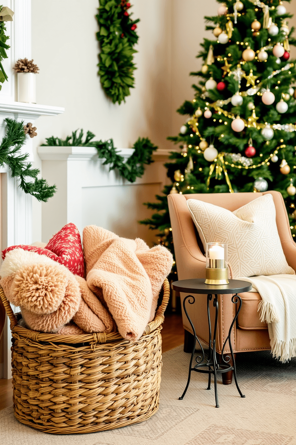 A cozy living room corner features a decorative basket filled with soft, textured blankets in warm colors. The basket is placed next to a small, elegantly styled armchair adorned with festive throw pillows and a small side table topped with a lit candle. In the background, a beautifully decorated Christmas tree stands, adorned with twinkling lights and delicate ornaments. The space is further enhanced with subtle holiday accents, such as a garland draped over the mantle and small wreaths hung on the walls.