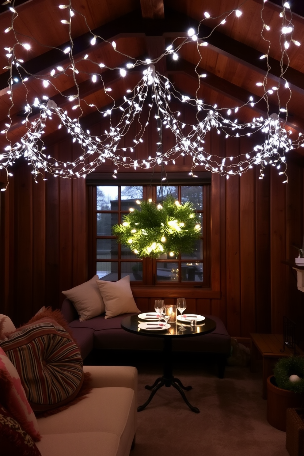 A cozy living room adorned with fairy lights draped across the ceiling beams, creating a whimsical atmosphere. The lights twinkle softly against a backdrop of rich, dark wood and plush, neutral-toned furnishings. A compact dining area features a small table set for two, with fairy lights woven through the centerpiece of evergreen branches. The warm glow of the lights enhances the festive decor, making the space feel inviting and cheerful.