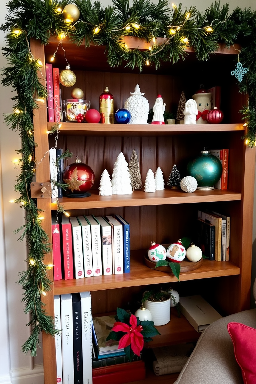 A cozy bookshelf adorned with holiday decorations. Twinkling fairy lights weave through evergreen garlands, while colorful ornaments and festive figurines are artfully arranged on the shelves. In a small living space, a minimalist approach to Christmas decor is embraced. A compact bookshelf showcases a few carefully selected holiday books alongside a small potted poinsettia and a couple of hand-painted ornaments for a touch of whimsy.